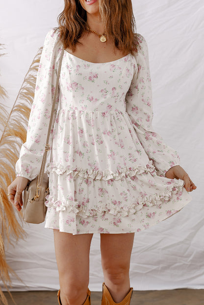 Floral Long Sleeve Ruffle Detail Flared Mini Dress