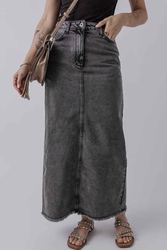 Dark Grey Denim Raw Hem Back Split High Waist Long Skirt Daisie Boutique