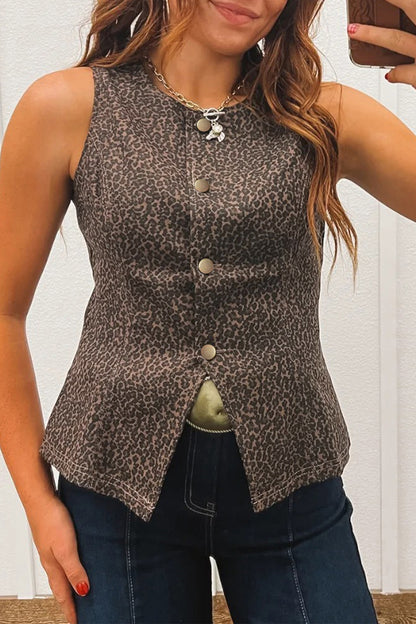 Brown Leopard Print Denim Vest