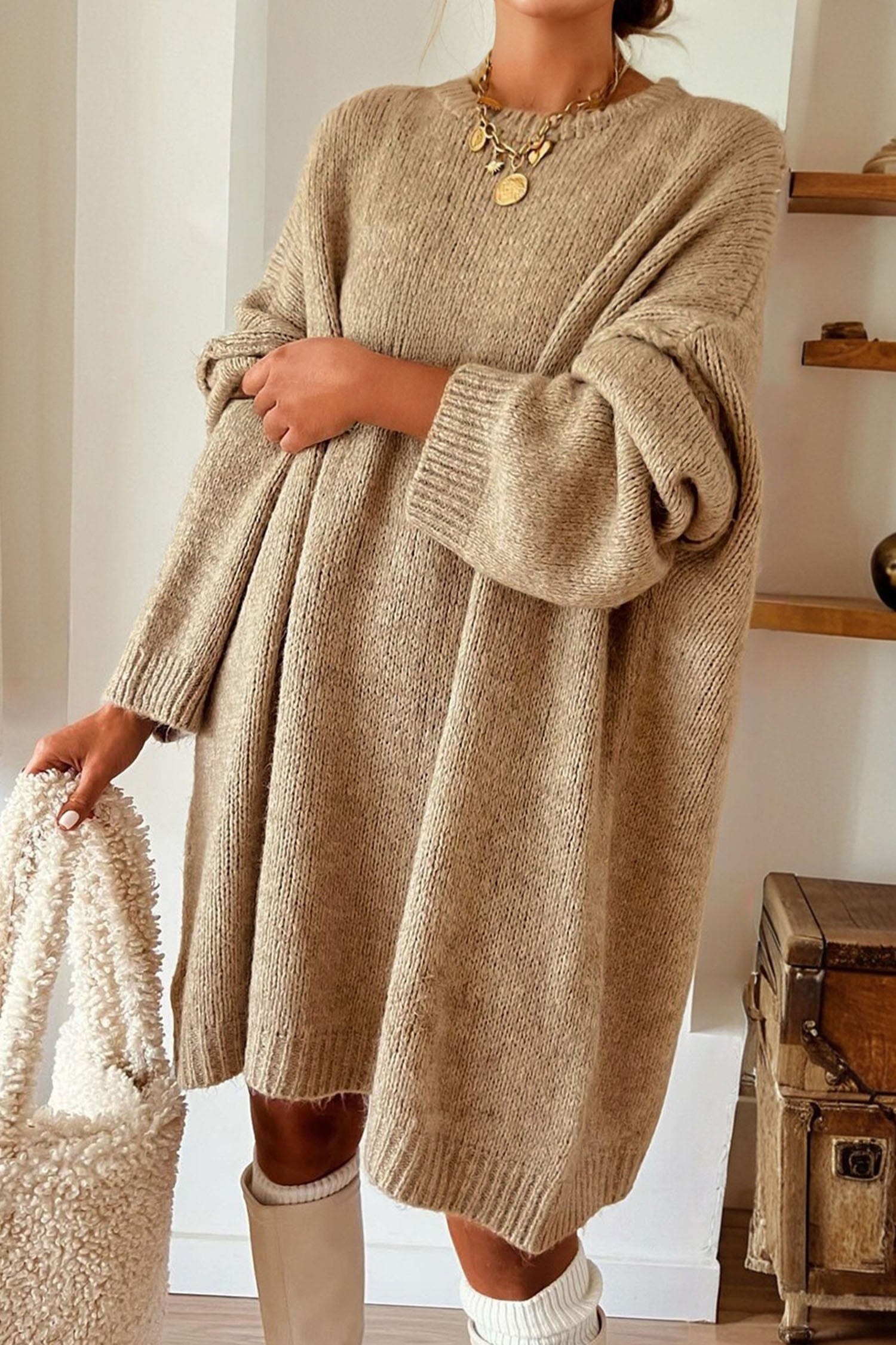 Exposed Seam Oversize Sweater Dress - Pale Khaki Dear-Lover Dropshipping