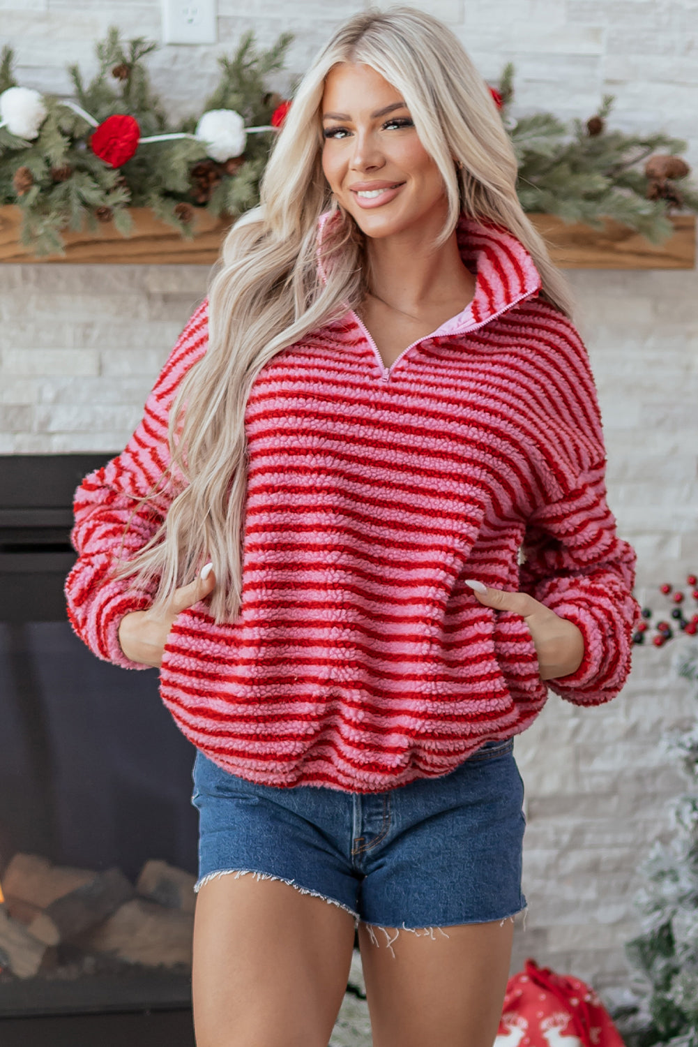 Pink Stripe Quarter Zip Fleece Oversize Sweatshirt Dear-Lover Dropshipping