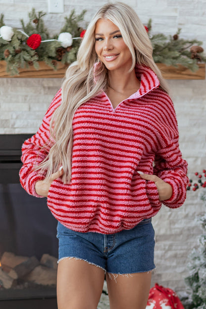 Pink Stripe Quarter Zip Fleece Oversize Sweatshirt Dear-Lover Dropshipping