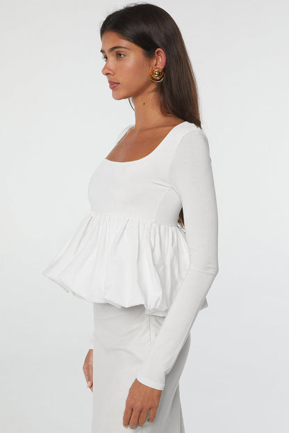 U Neck Long Sleeve Bubble Top - White