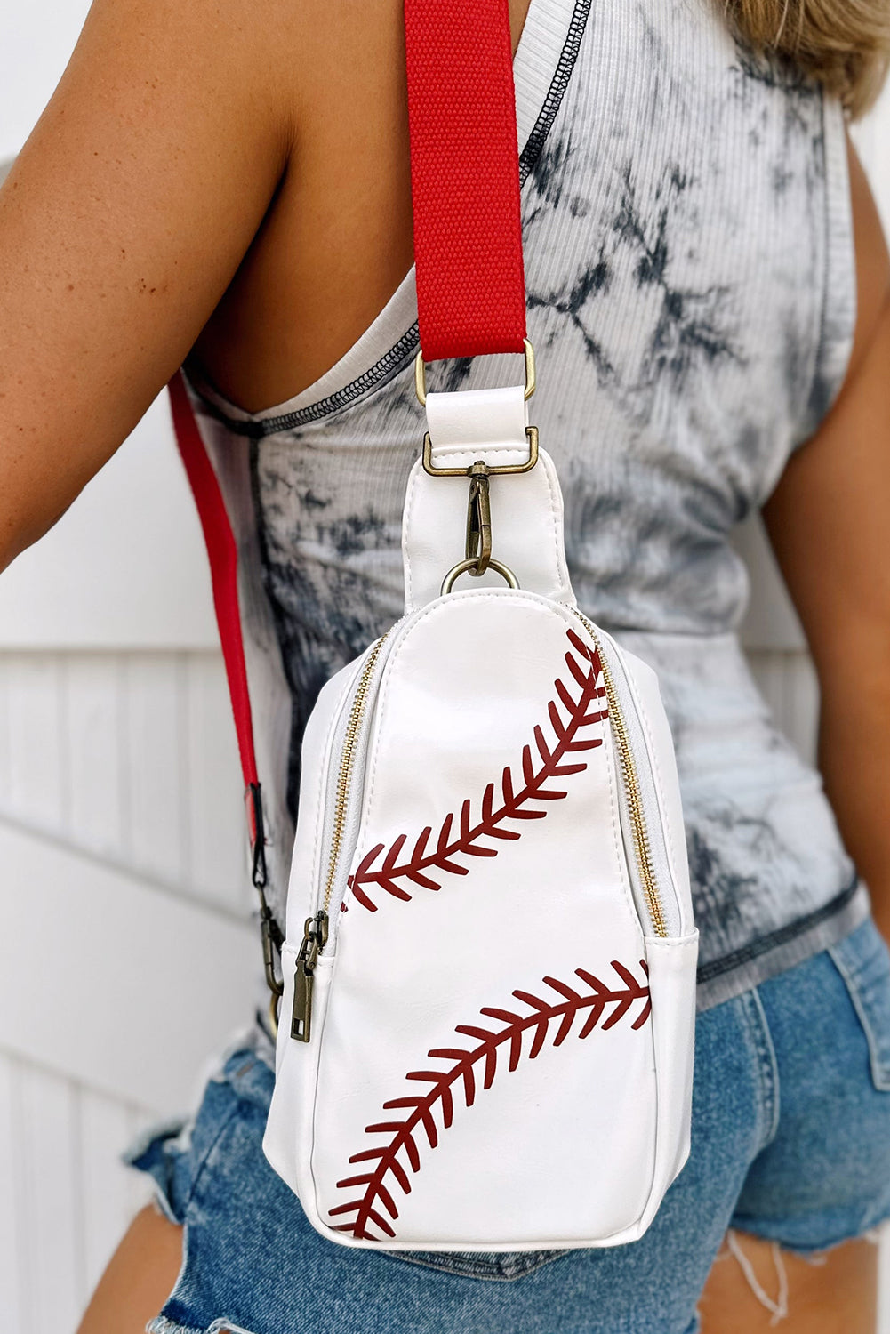 Baseball Pattern PU Leather Zipped Sling Bag Daisie Boutique