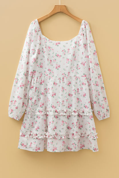 Floral Long Sleeve Ruffle Detail Flared Mini Dress
