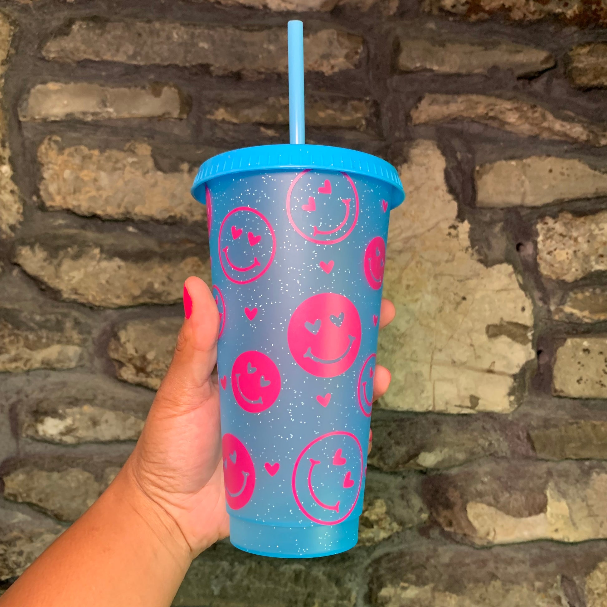 Heart Eyes 24 Oz. Blue Sparkly Cold Cup Daisie Boutique