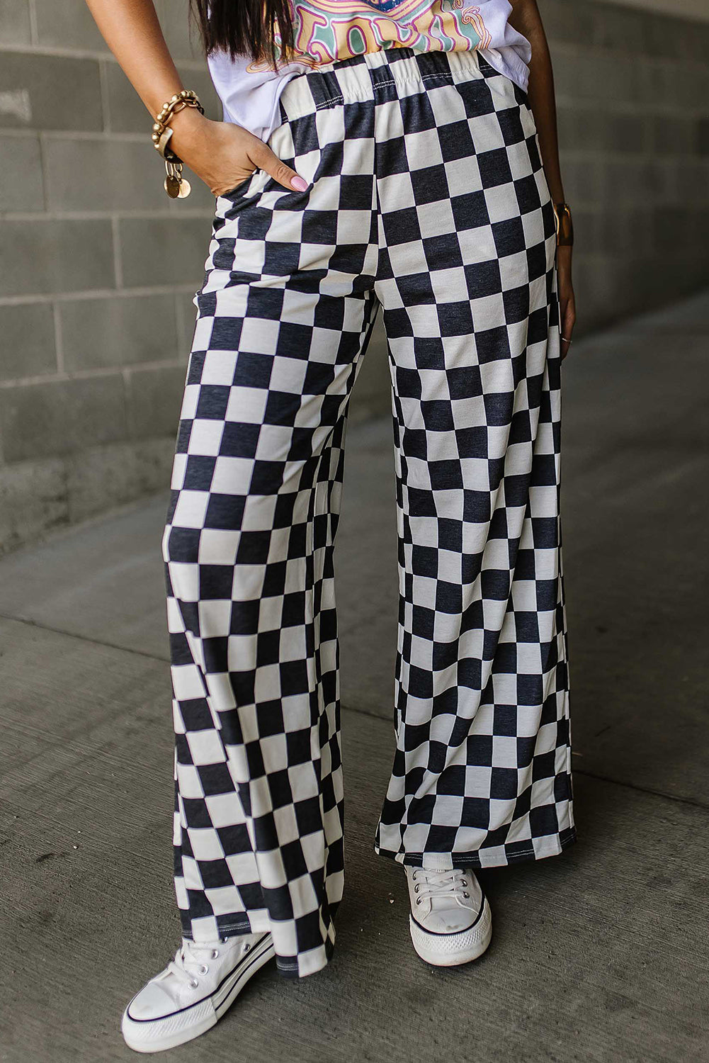 Bonbon 2-Tone Checked Print High Waist Wide Leg Pants Daisie Boutique