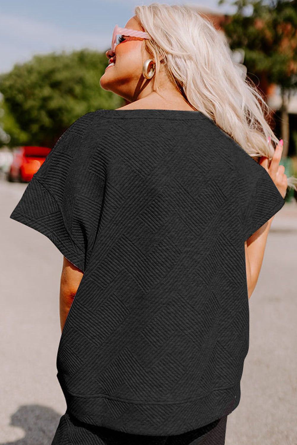 Black Textured Loose Fit T Shirt and Drawstring Pants Set Daisie Boutique