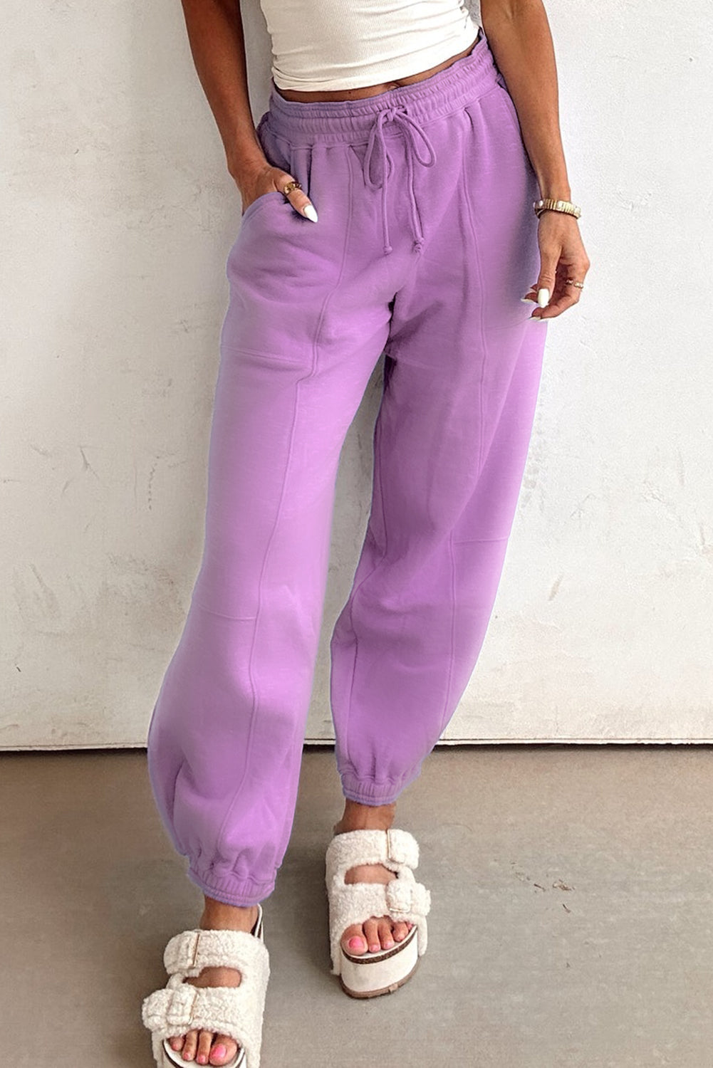 Drawstring Waist Patchwork Solid Color Jogger Pants - Lilac Dear-Lover Dropshipping