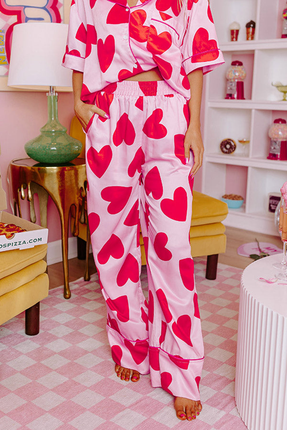 Classic Heart Valentines Short Sleeve Pajamas Set - Pink