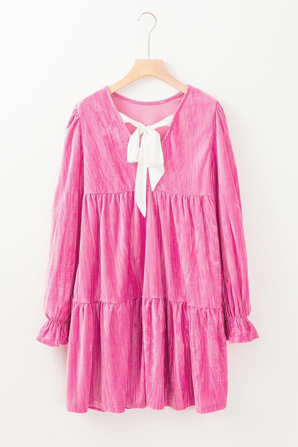 Strawberry Pink Flounce Sleeve Tiered Ruffled Velvet Mini Dress Daisie Boutique