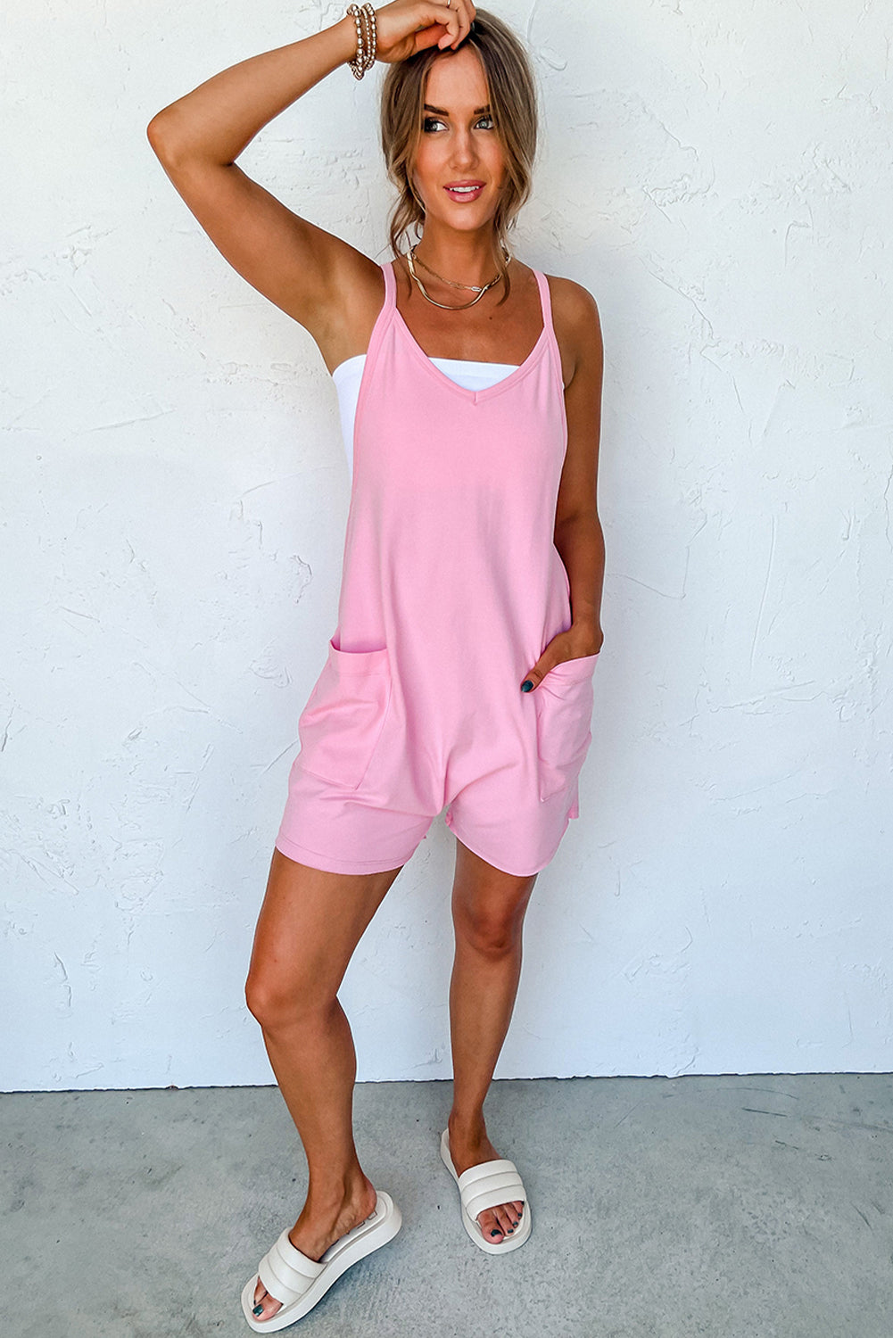 Sleeveless Pocketed V Neck Jersey Spring Romper Daisie Boutique