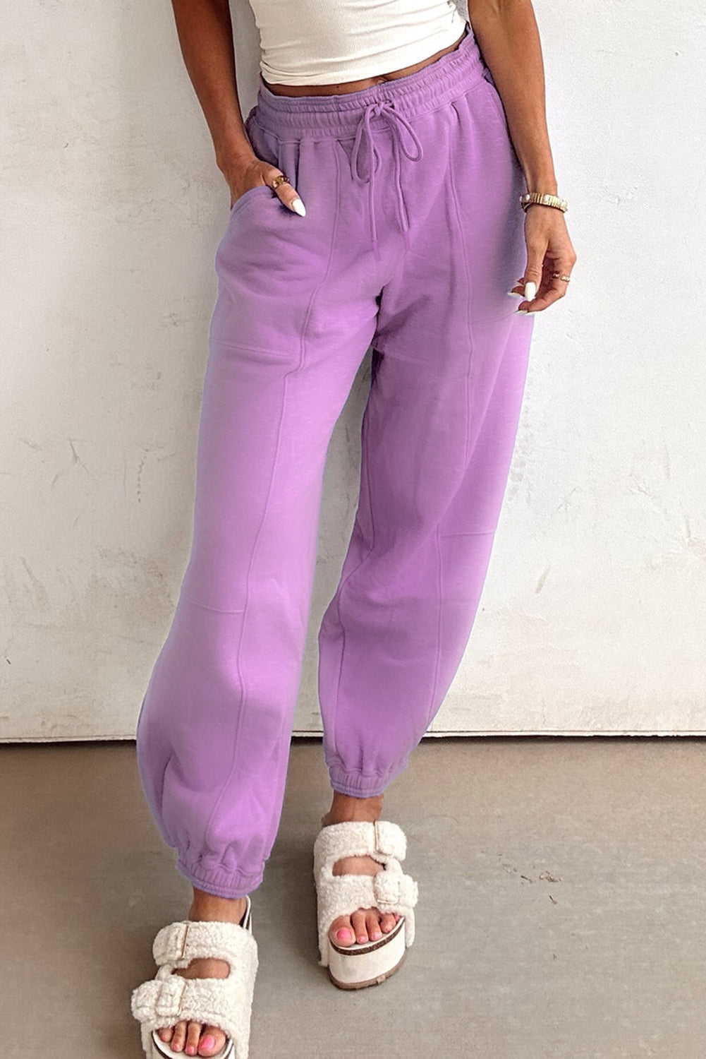 Drawstring Waist Patchwork Solid Color Jogger Pants - Lilac Dear-Lover Dropshipping