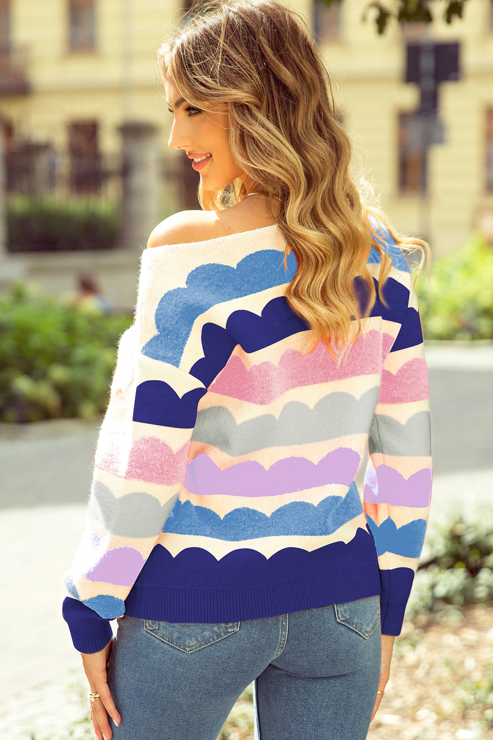 Wave Striped Balloon Sleeve Multicolored Sweater Daisie Boutique