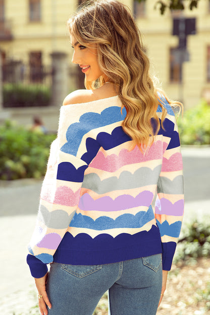 Wave Striped Balloon Sleeve Multicolored Sweater Daisie Boutique