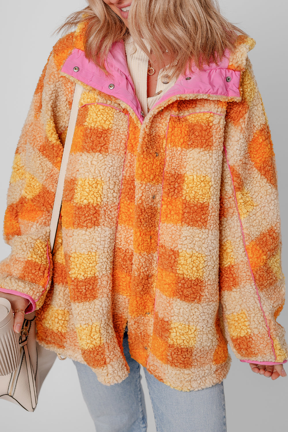 Checkered Sherpa Hooded Jacket - Orange Daisie Boutique