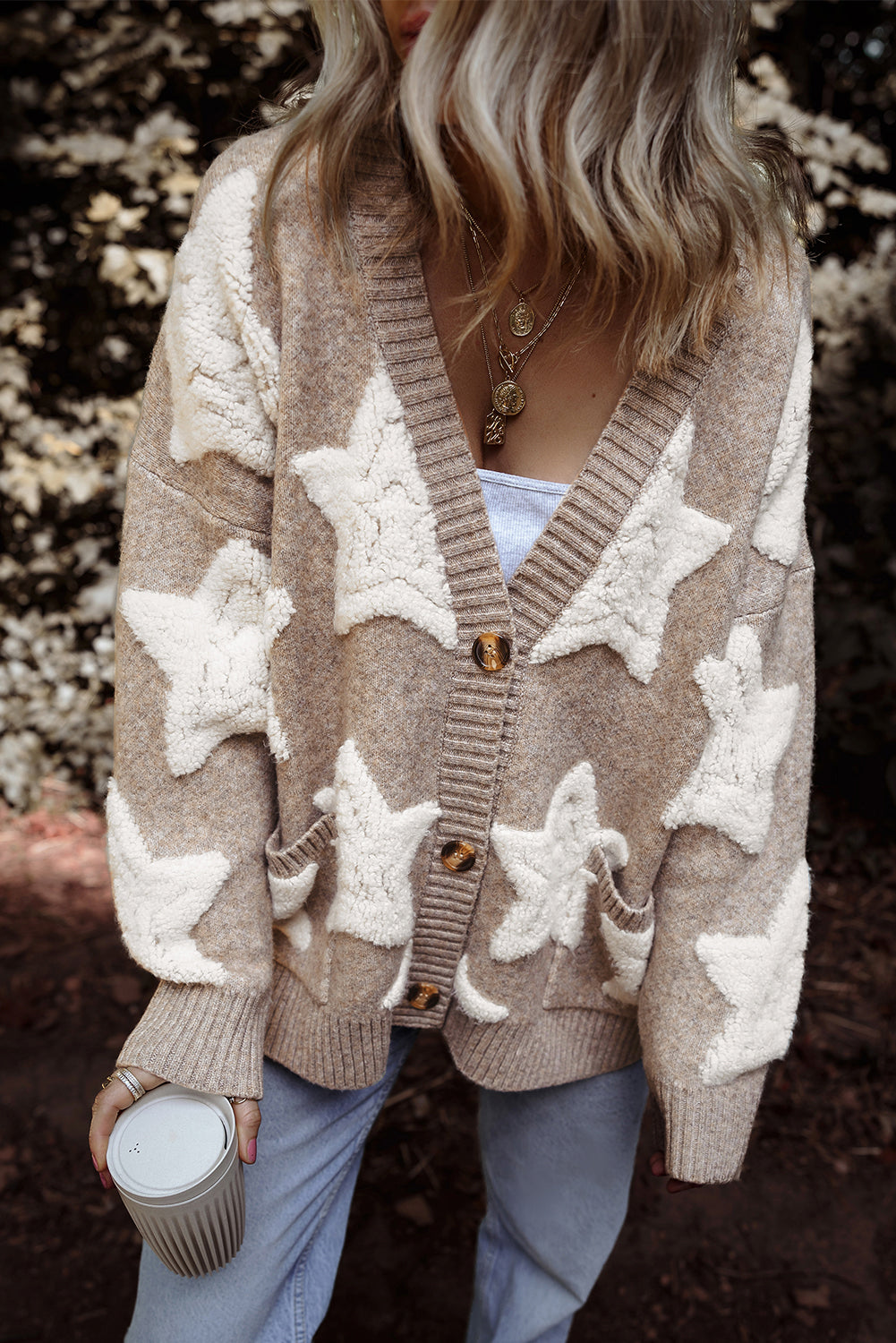 Sherpa Star Sweater with Pockets in Khaki Daisie Boutique