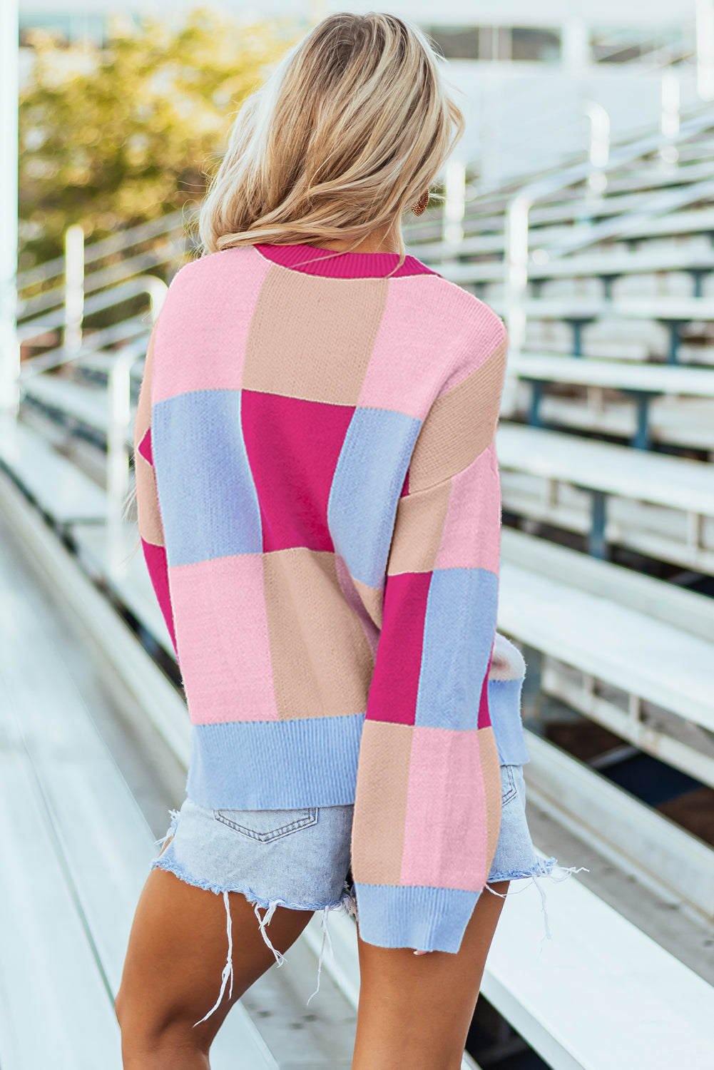 Color Block Drop Shoulder Crewneck Sweater - Rose Red Daisie Boutique