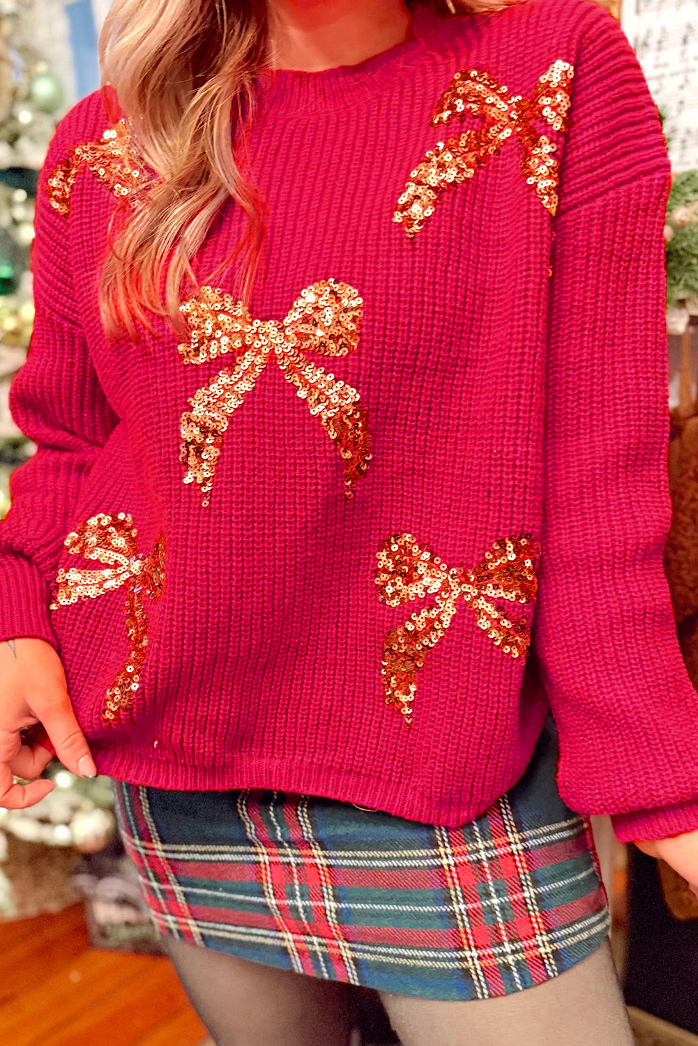 Sequin Bow Sweater - Red Dear-Lover Dropshipping