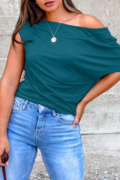 Plus Size Solid Color Asymmetric Neck Short Sleeve Blouse