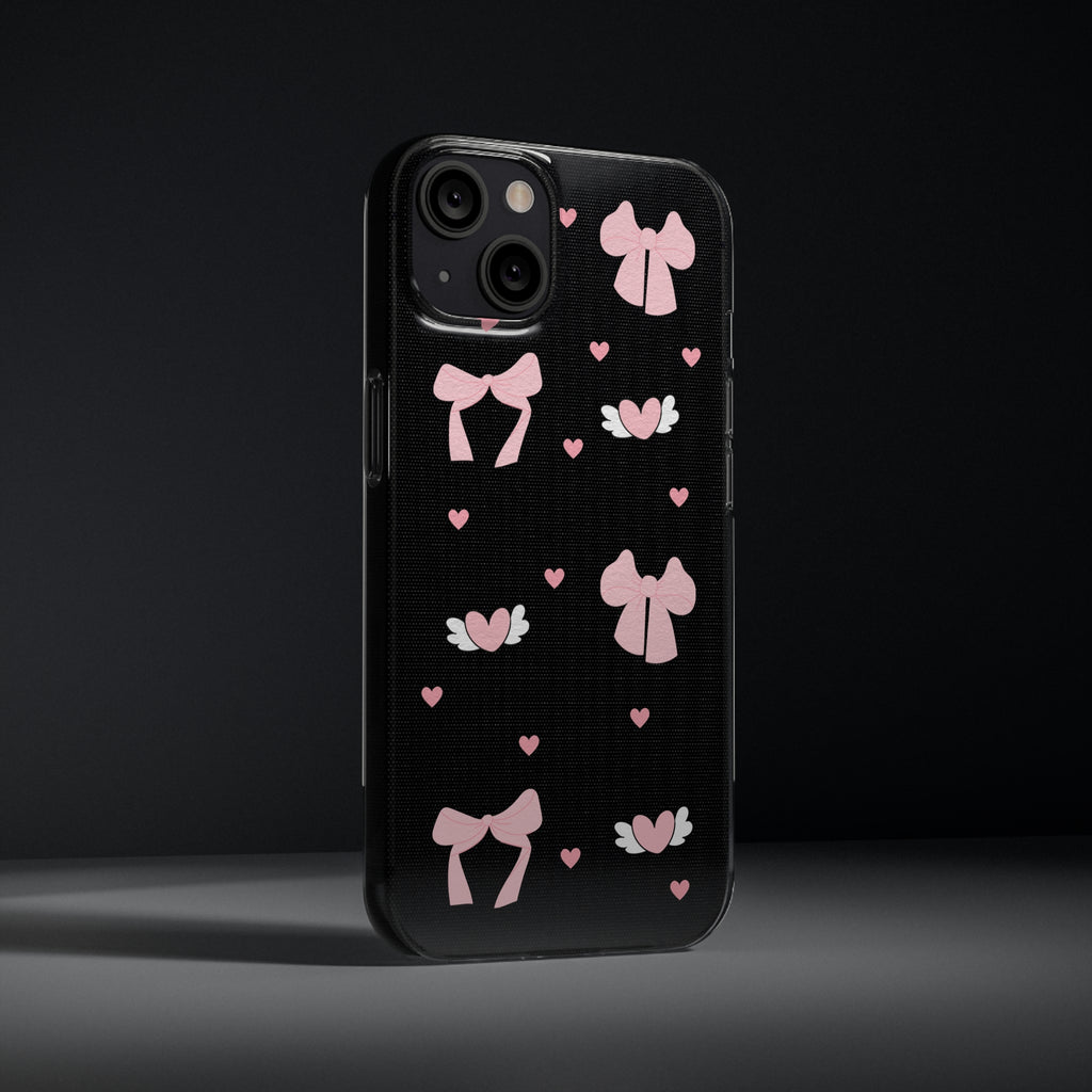 Cute Pink Bow Soft Phone Case | Stylish Heart & Wing Design
