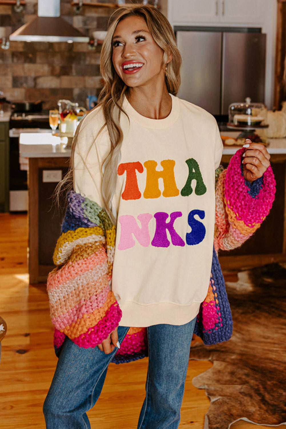 THANKS Chenille Embroidered Graphic Sweatshirt Daisie Boutique
