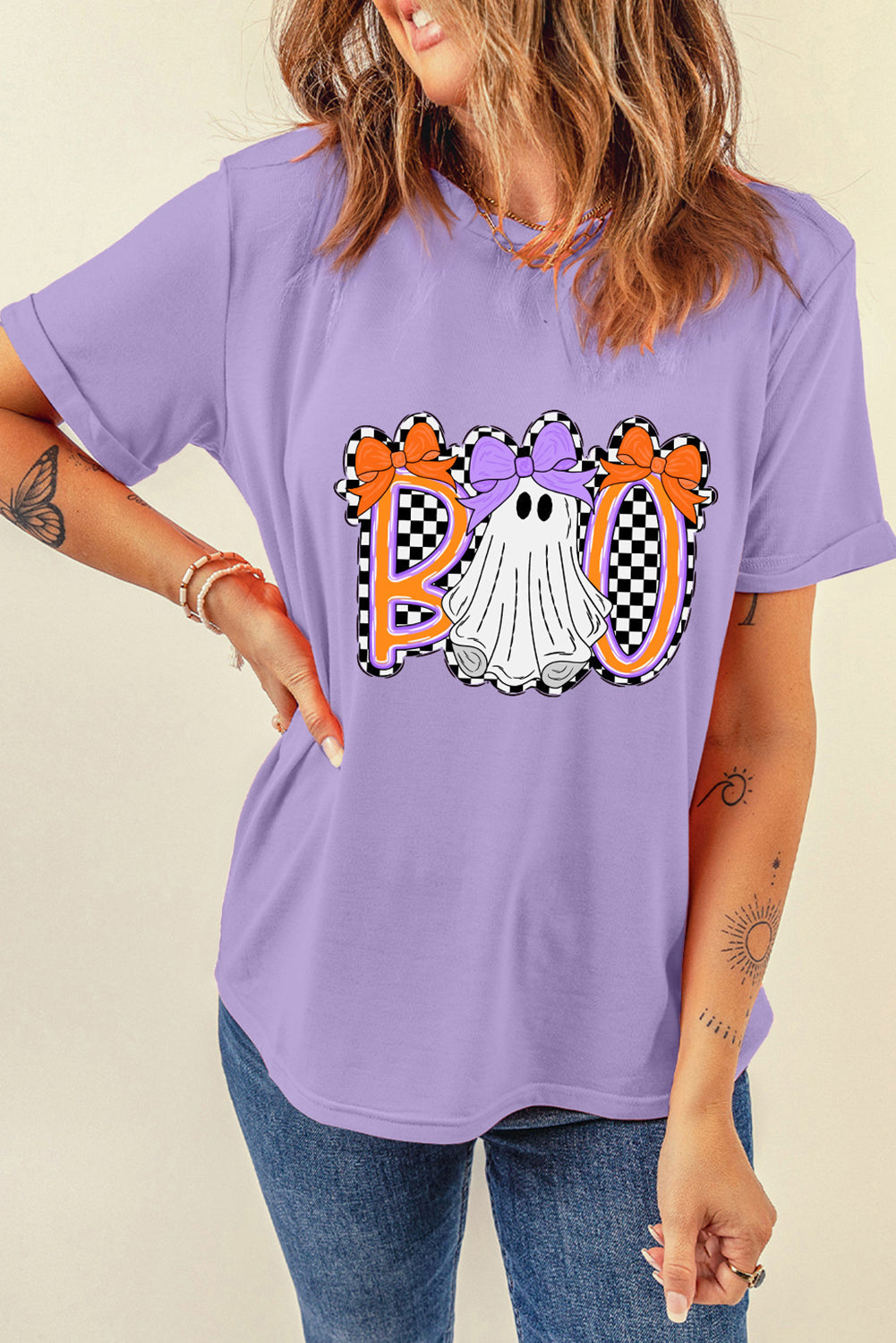 Boo Checkered Bow Ghost Halloween Graphic Tee Dear-Lover Dropshipping