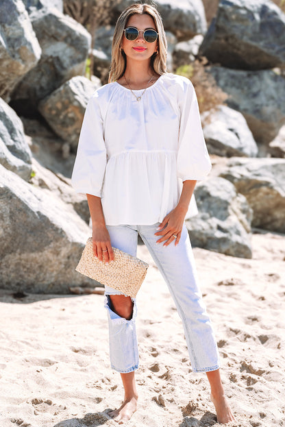 Bow Knot Cutout Back 3/4 Sleeve Blouse - White Daisie Boutique