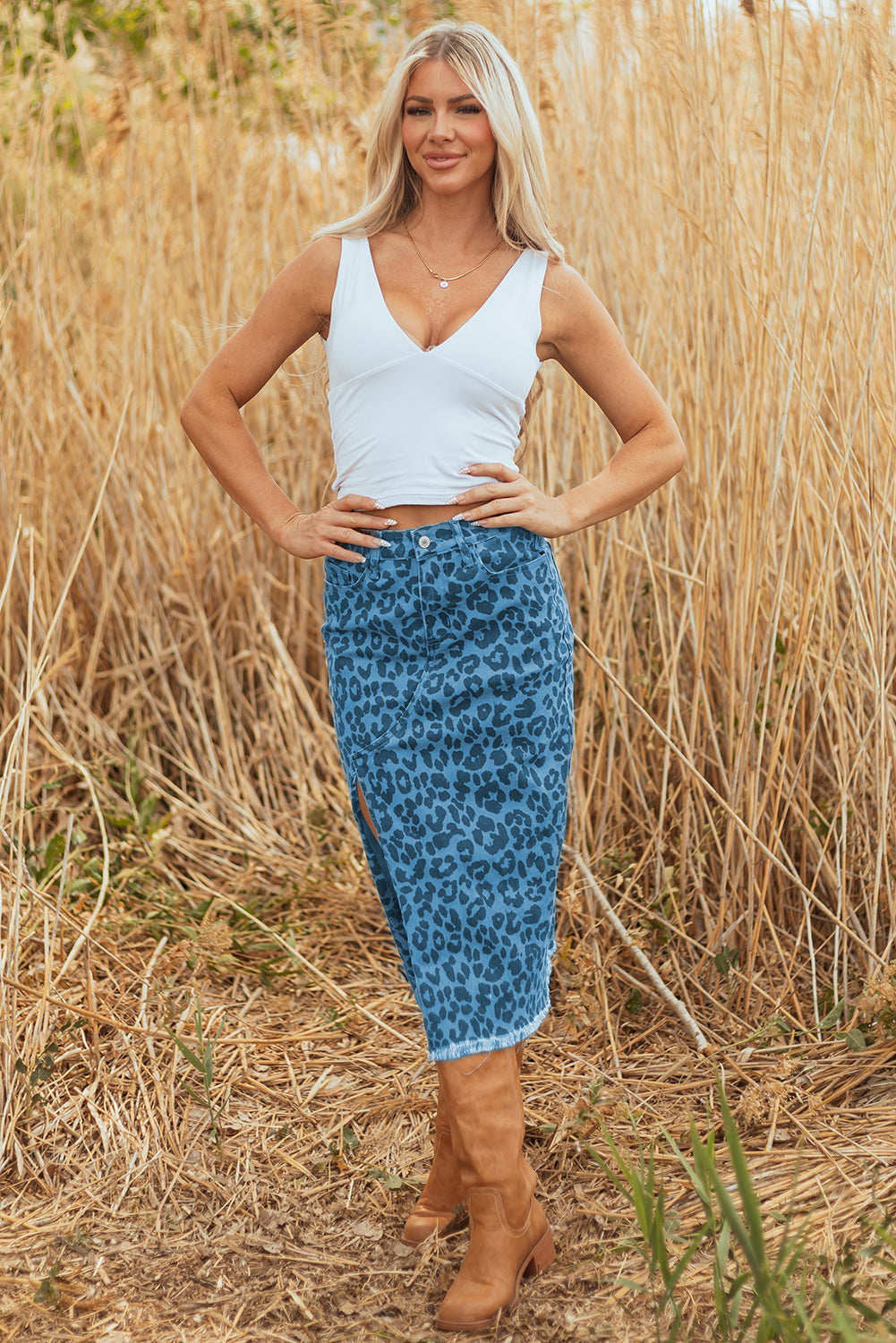 Leopard Denim Midi Skirt Dear-Lover Dropshipping