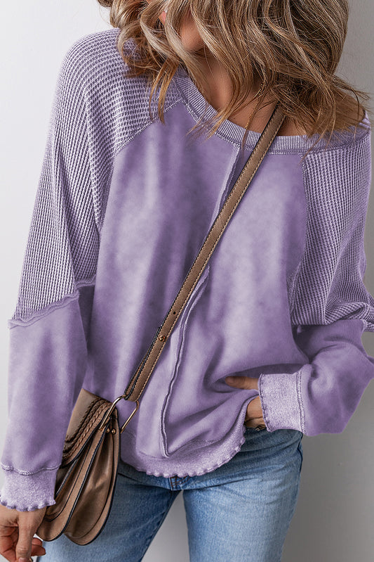 Orchid Petal Solid Waffle Knit Patchwork Raglan Sleeve Sweatshirt Daisie Boutique