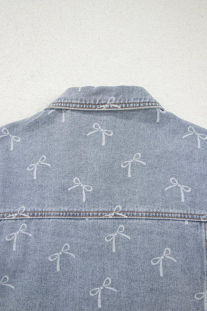 Bow Knot Print Light Wash Raw Hem Denim Jacket Dear-Lover Dropshipping