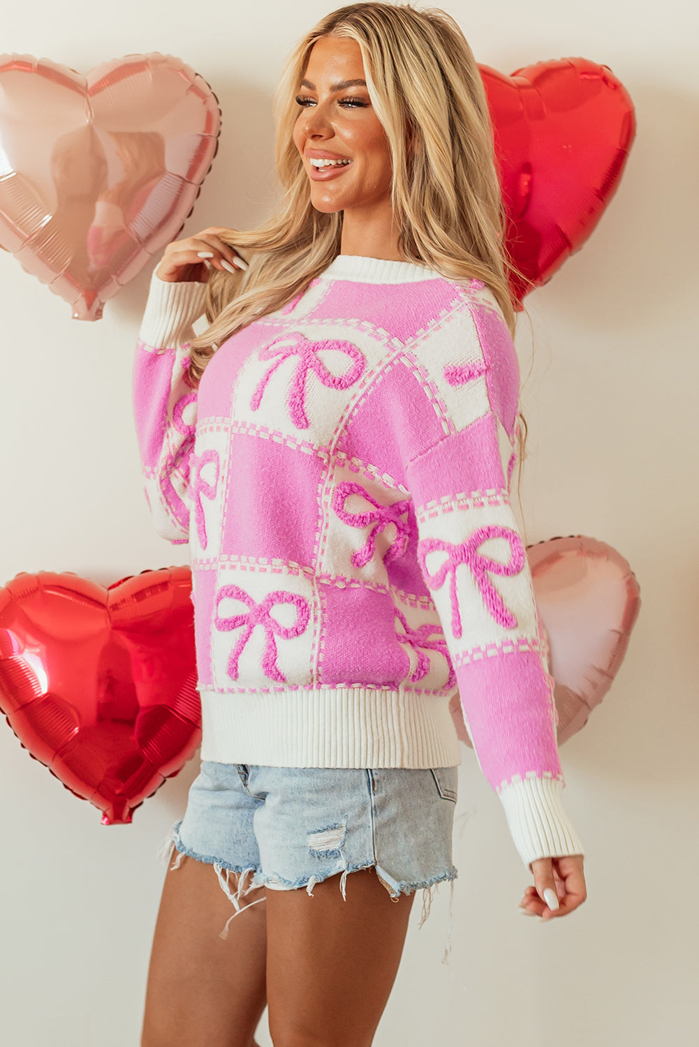 Bow Two Tone Checkered Crew Neck Sweater in Pink Daisie Boutique