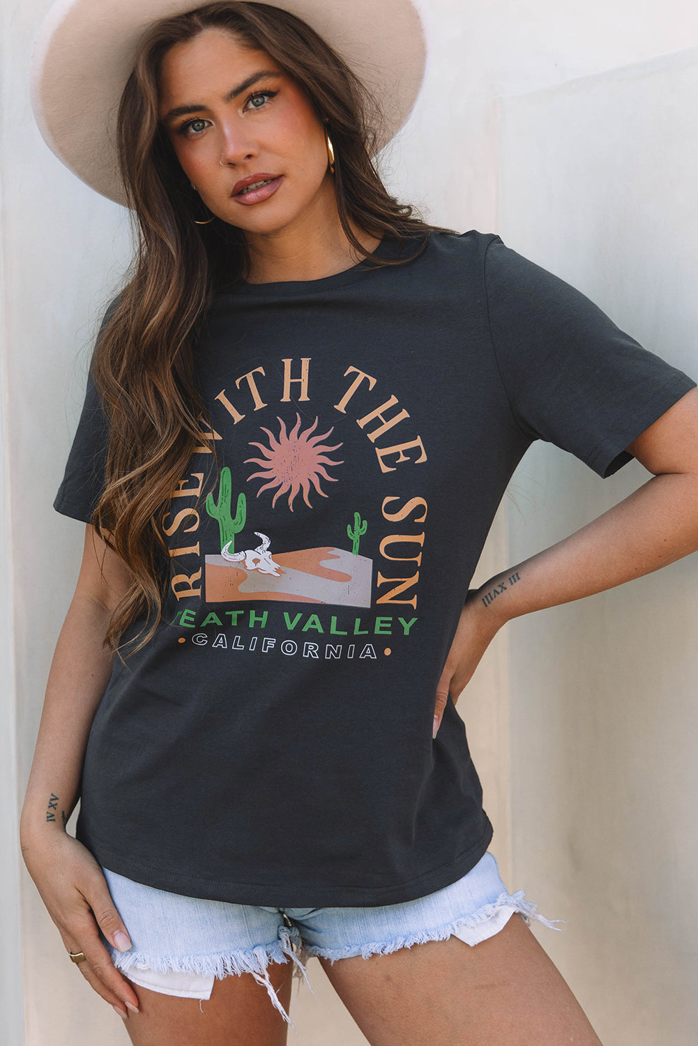 Dark Grey RISE WITH THE SUN Western Fashion Graphic Tee Daisie Boutique