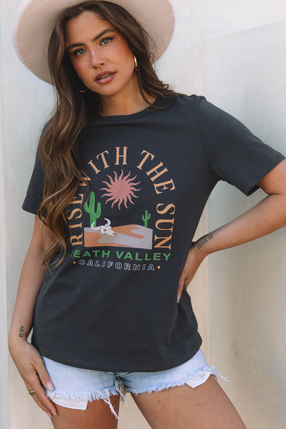 Dark Grey RISE WITH THE SUN Western Fashion Graphic Tee Daisie Boutique