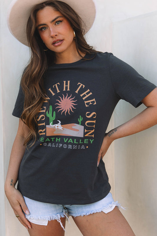 Dark Grey RISE WITH THE SUN Western Fashion Graphic Tee Daisie Boutique