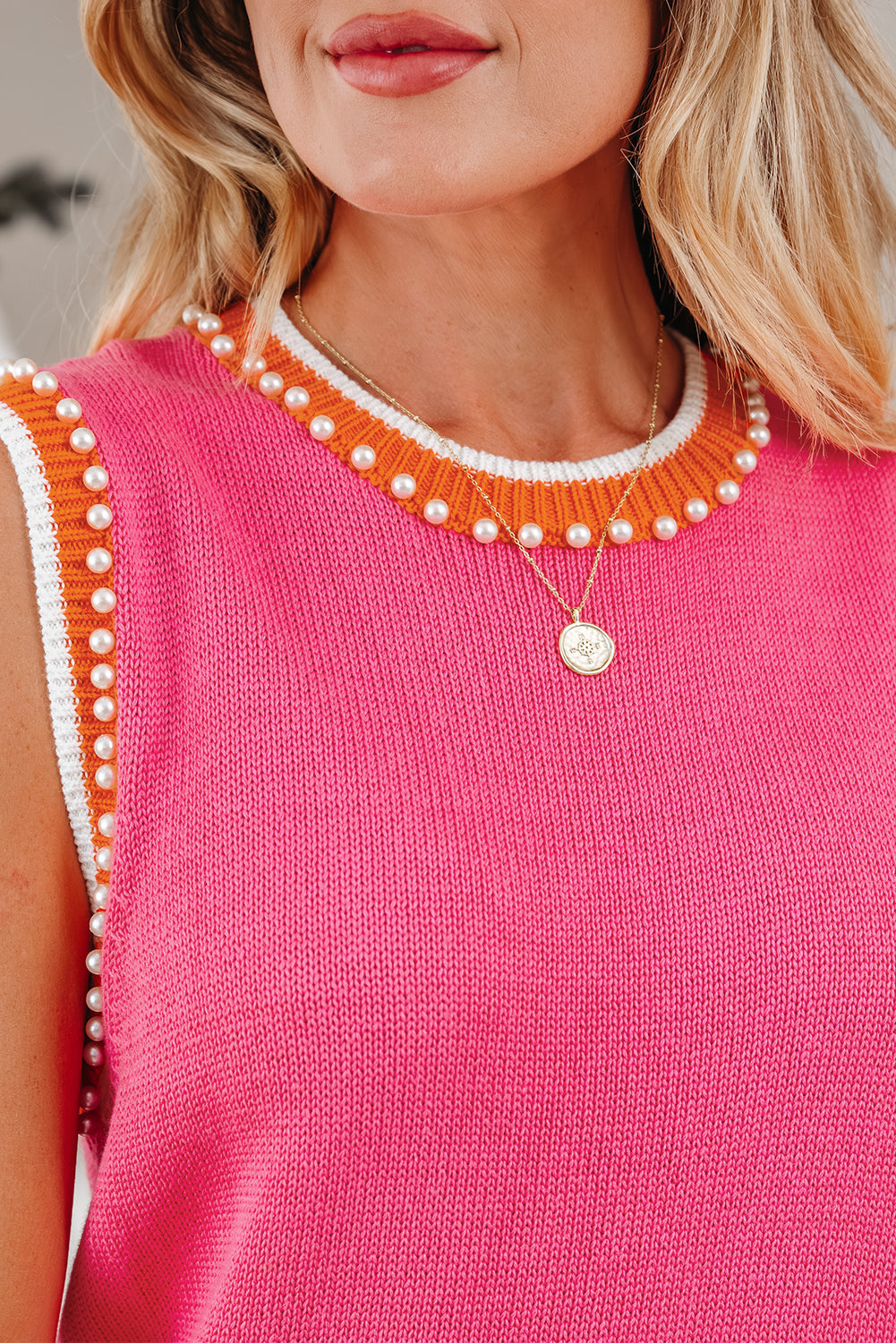 Cutie Pearl Detail Sweater Tank Top - Bright Pink Daisie