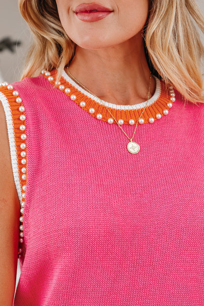 Cutie Pearl Detail Sweater Tank Top - Bright Pink Daisie