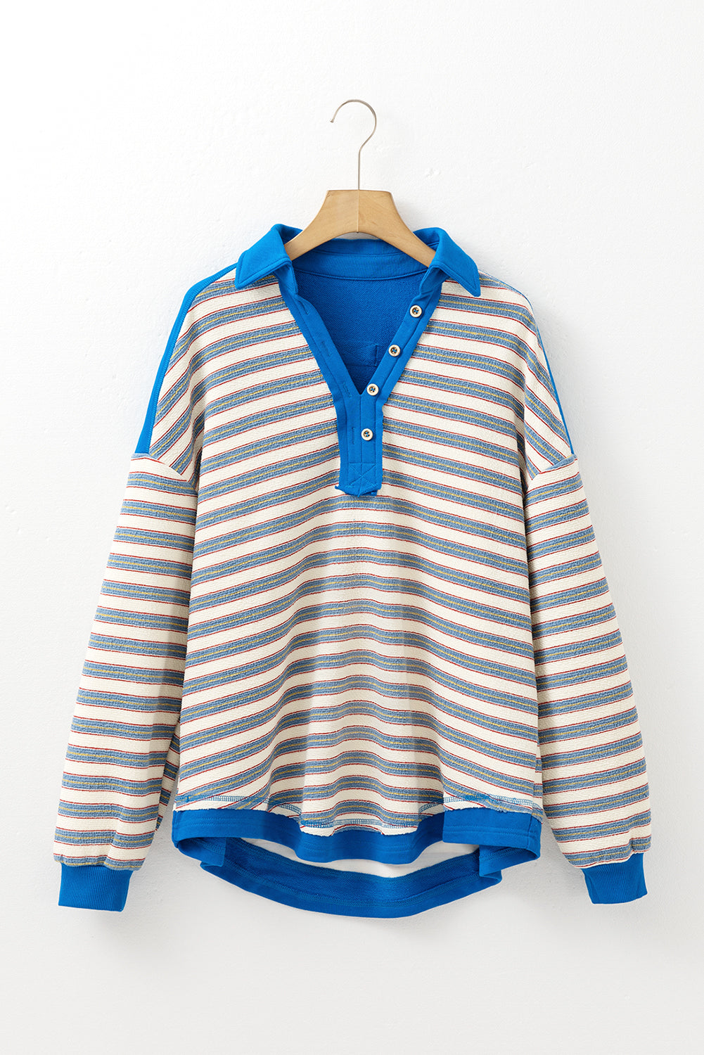 Stripe Buttoned V Neck Collared Top Daisie Boutique