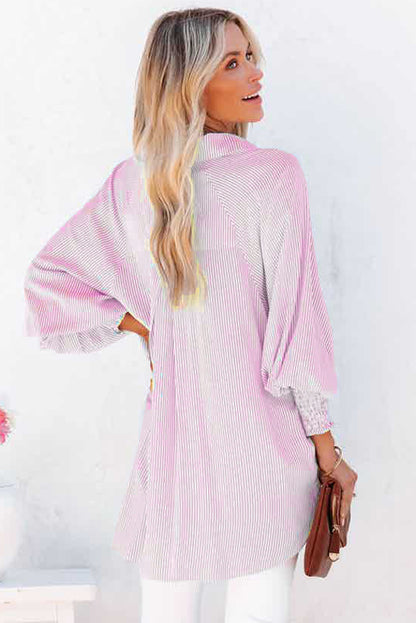 Smocked Cuffed Striped Boyfriend Button Up Shirt with Pocket Daisie Boutique