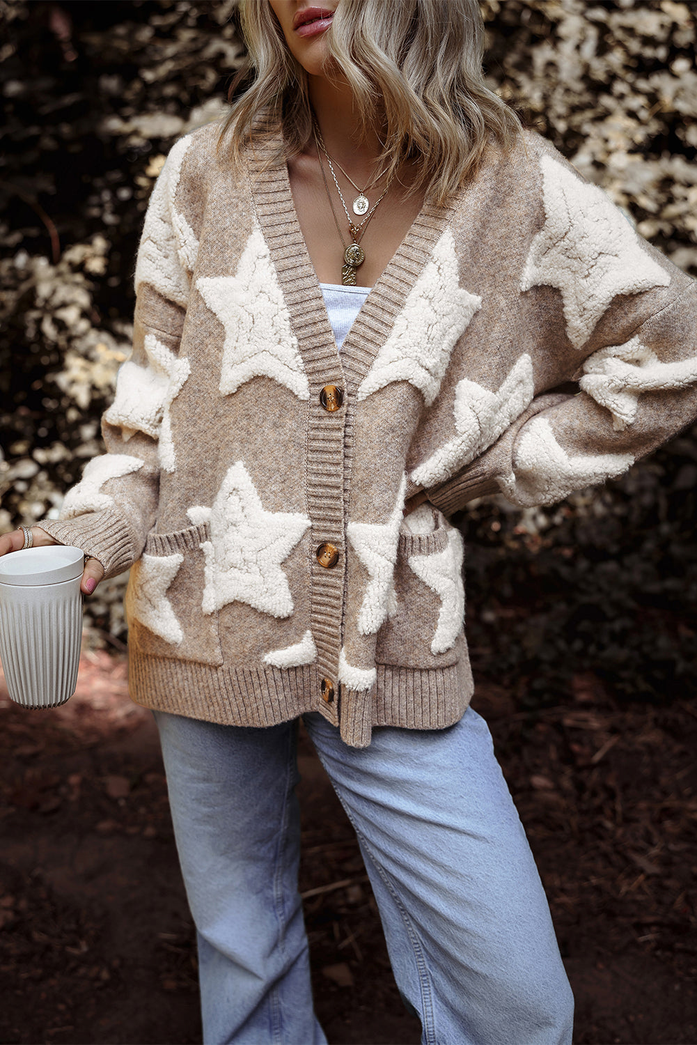 Sherpa Star Sweater with Pockets in Khaki Daisie Boutique