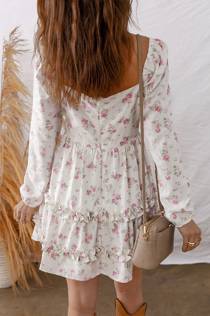 Floral Long Sleeve Ruffle Detail Flared Mini Dress