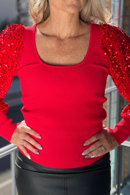 Sequin Sleeve Holiday Sweater - Red Dear-Lover Dropshipping