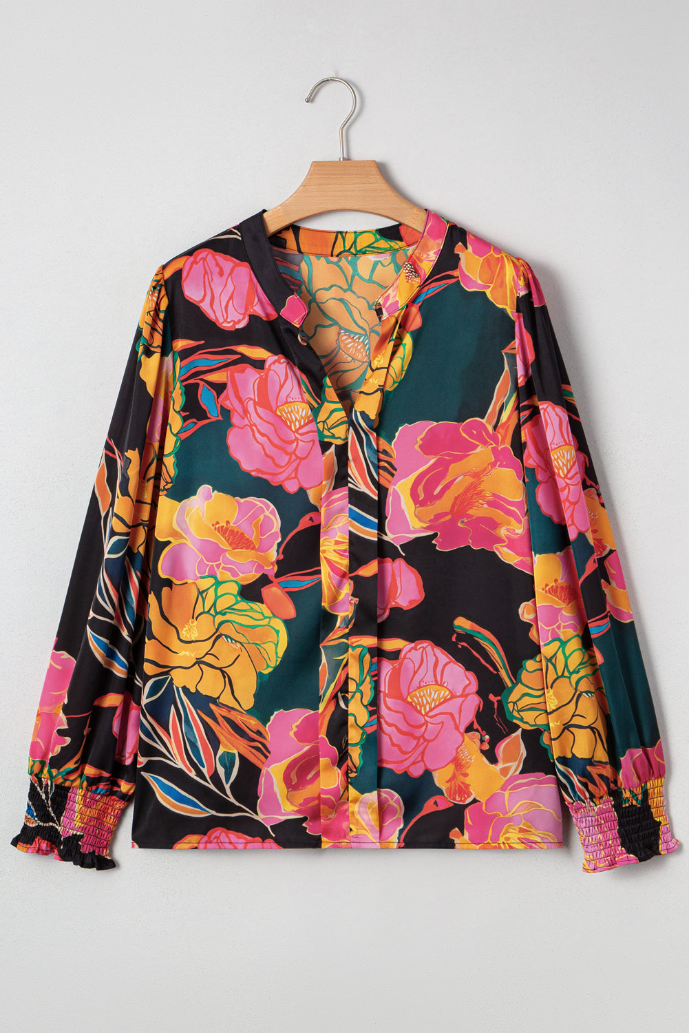 Floral Print Smocked Cuffs Puff Sleeve V Neck Blouse Dear-Lover Dropshipping