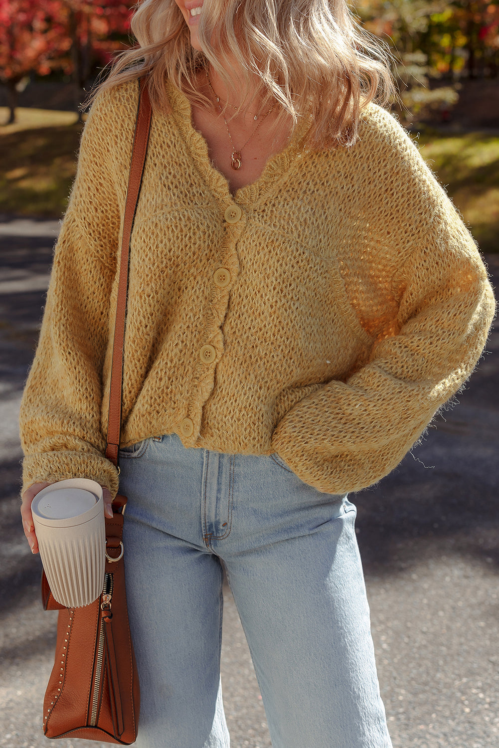 Light French Beige Lantern Sleeve Scallop V Neck Buttoned Front Cardigan Daisie Boutique