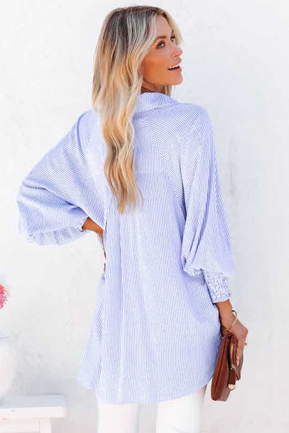 Smocked Cuffed Striped Boyfriend Button Up Shirt with Pocket Daisie Boutique