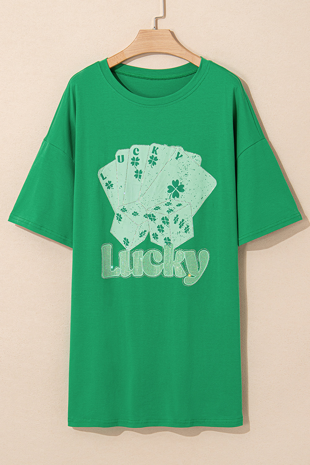 Rhinestone Lucky Poker Cards Oversized T Shirt Mini Dress - Green Daisie Boutique