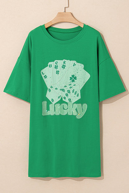 Rhinestone Lucky Poker Cards Oversized T Shirt Mini Dress - Green Daisie Boutique