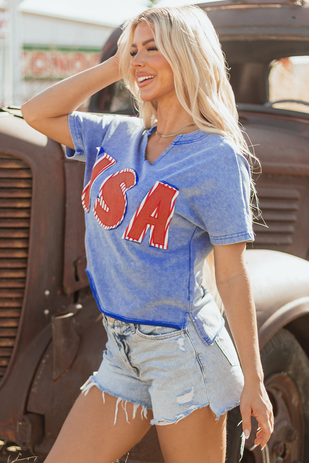 USA Patch Mineral Wash Notch V Neck Vintage Graphic T Shirt Daisie Boutique
