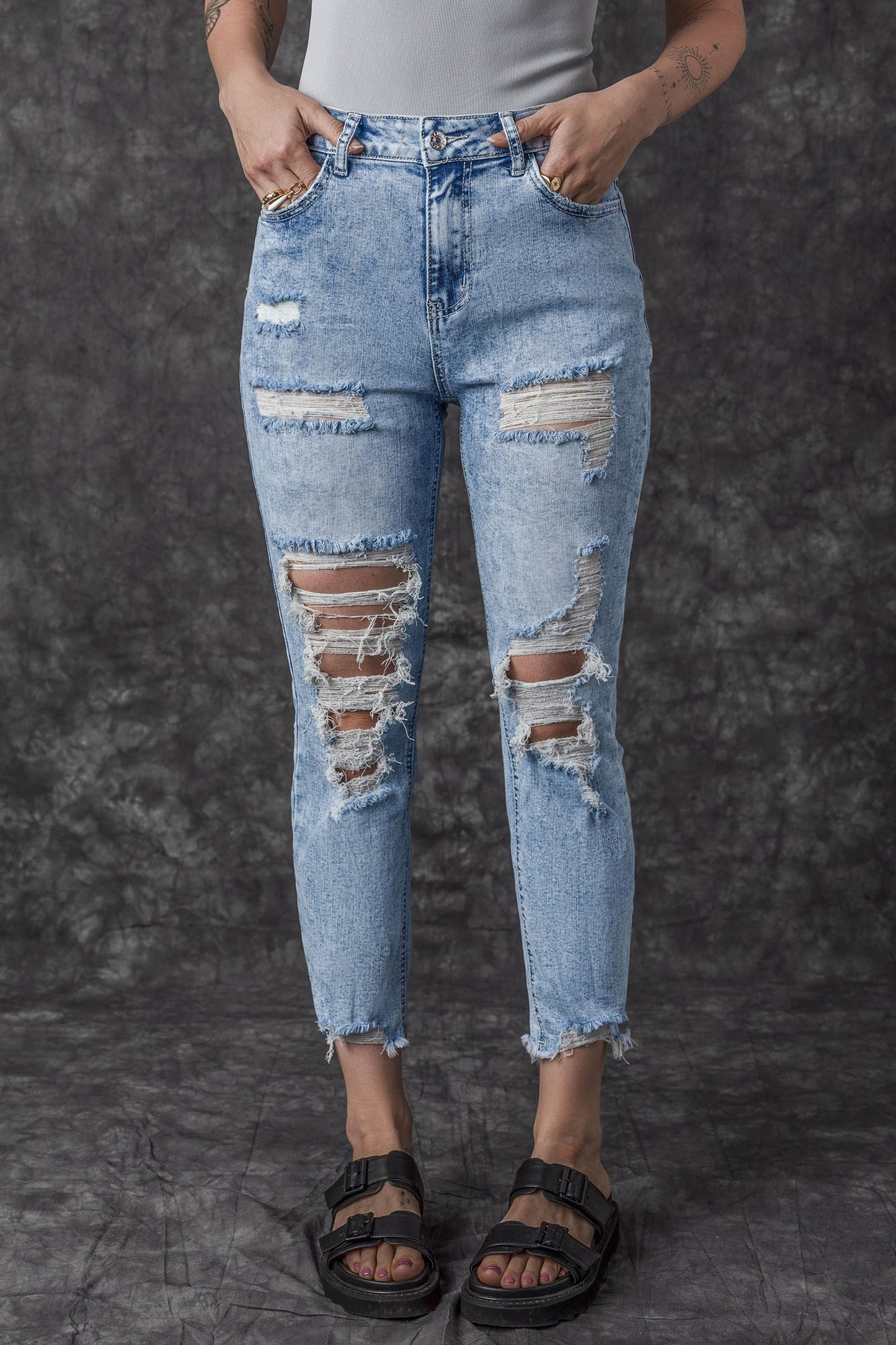 Sky Blue Acid Wash Distressed Slim Fit Jeans Daisie Boutique