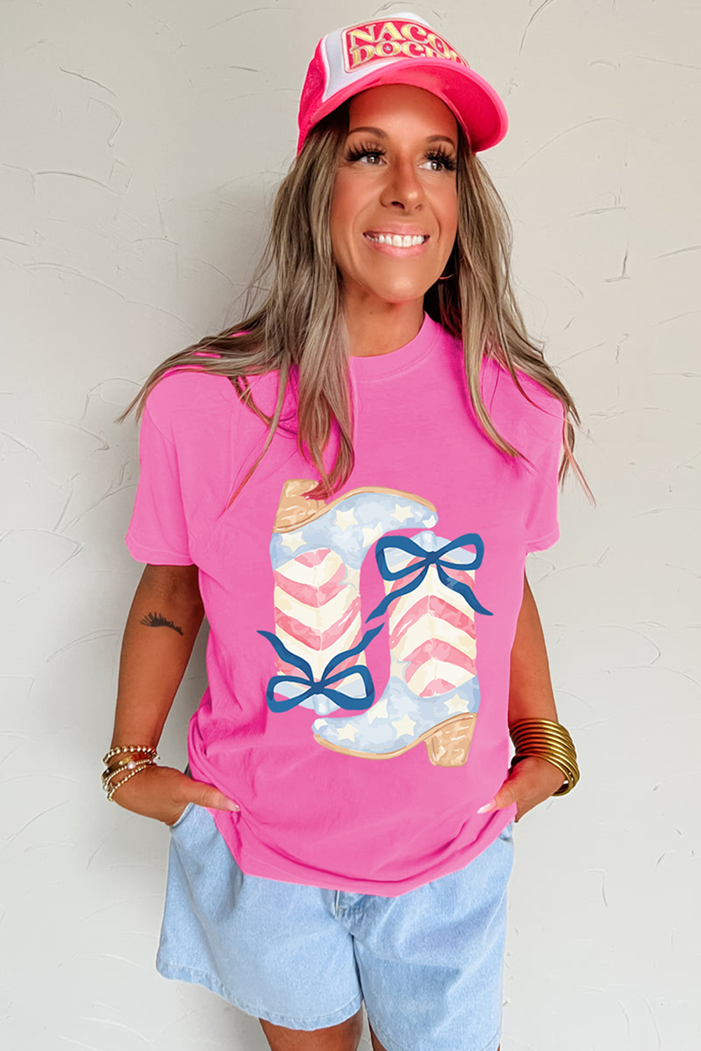 Flag Pattern Boots Bow Accent Casual Graphic Tee Daisie Boutique